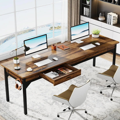 Bureau – Werkplek – Thuiswerkplek – Twee Personen – Extra Breed – Met Laden – Verstelbare Pootbeschermers - 200 x 60 x 82 cm - Bruin