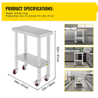 Keukentrolley - Serveerwagen - Keukeneiland - Kookeiland - Keuken Werktafel - Roestvrijstalen  Werktafel - 24 x 12 inch - Met Opslagrekken & Wielen