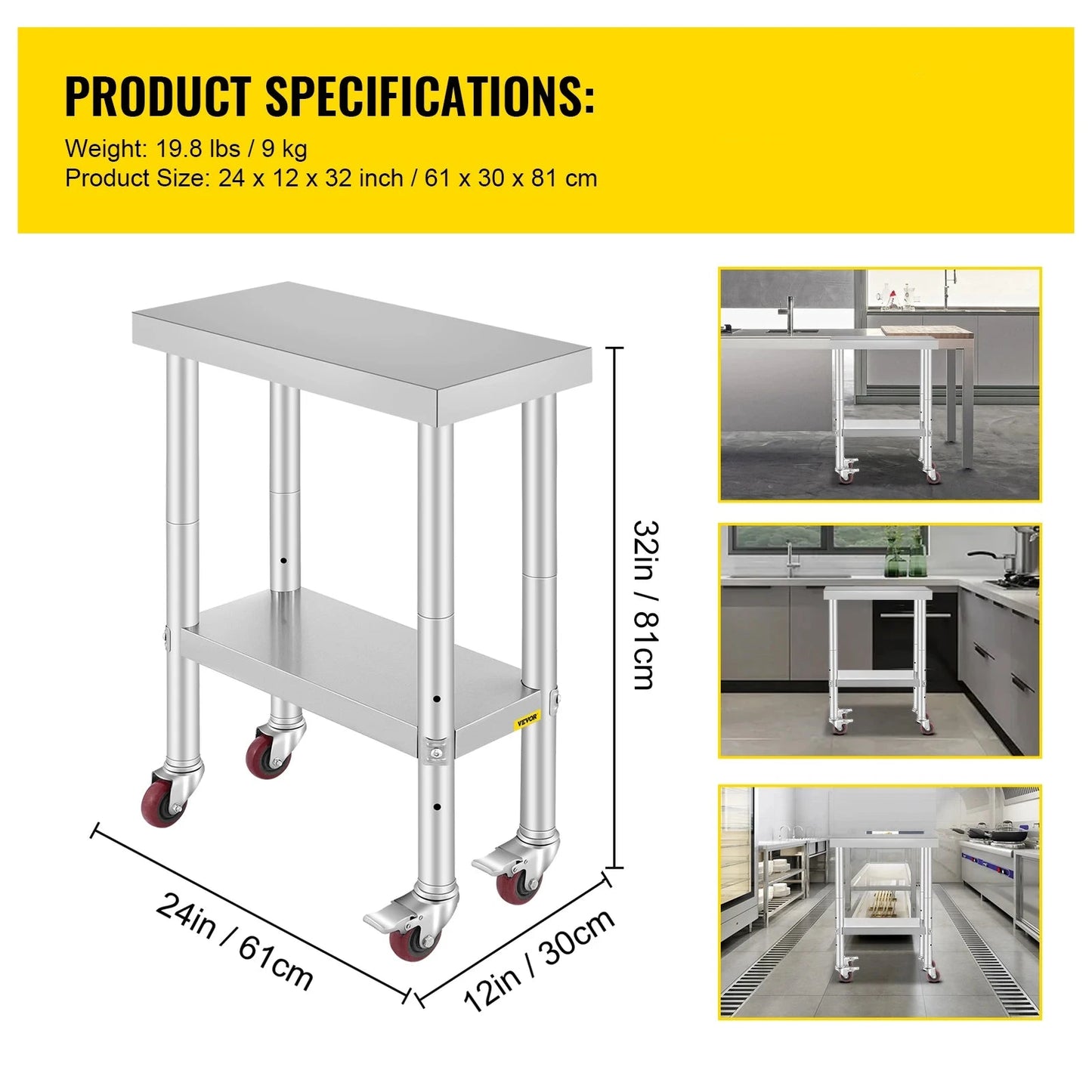 Roestvrijstalen Werktafel - Keukentrolley - Keukeneiland - Serveerwagen - Keuken Werktafel - Kookeiland - Verstelbare Legplank - met Wielen - voor Restaurant - Garage - Opslag - Keuken - 24 x 12 Inch