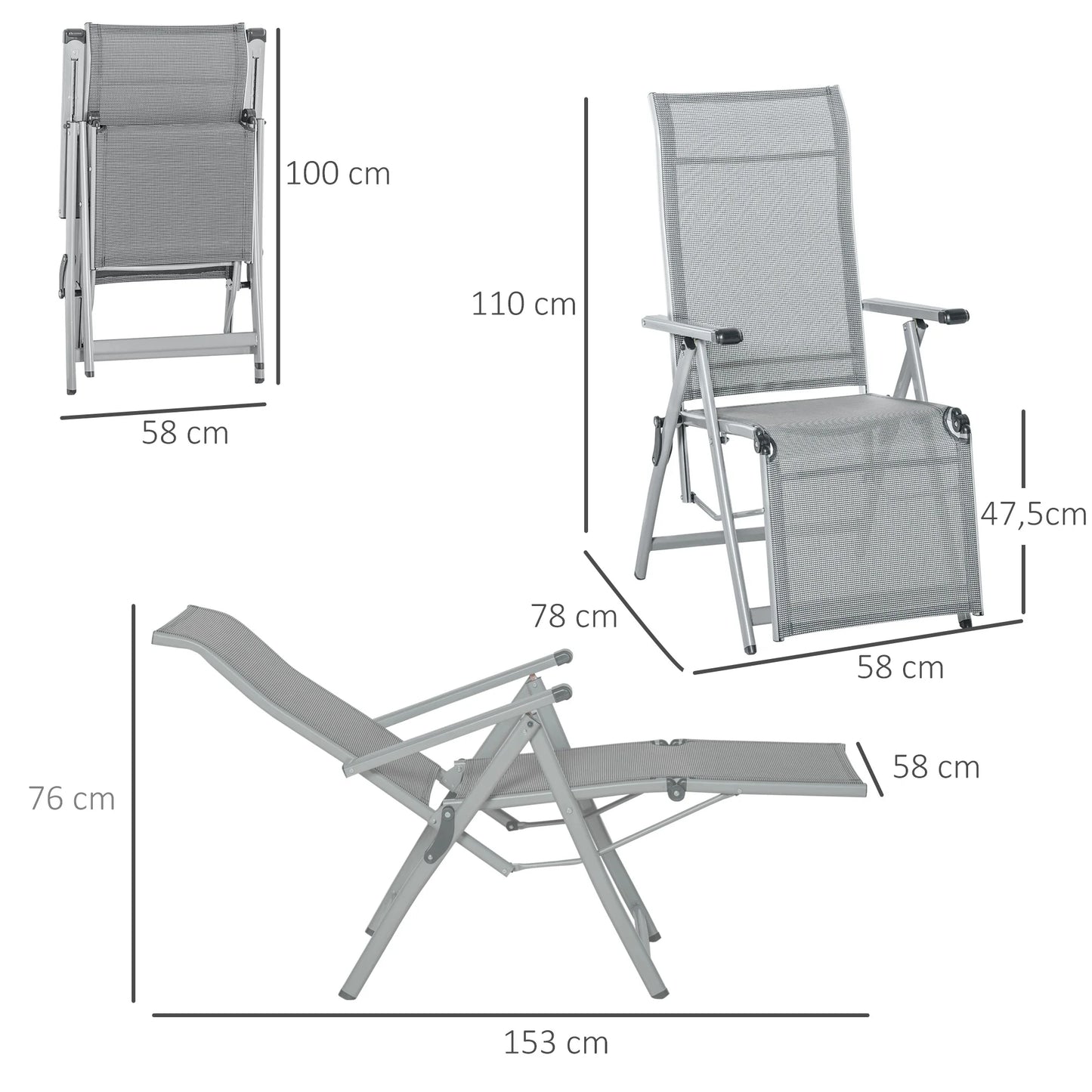 Vouwbare Tuinlounge Stoel - Verstelbare Ligstoel - 10 Posities - Ademend Textiline Stof - Weerbestendig - Opvouwbaar - Tuin, Terras, Zwembad - Grijs
