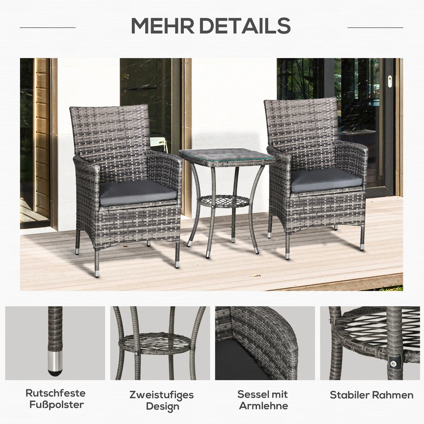 Tuinset – Balkonset – Bistroset – Loungeset – Compact – Weerbestendig – Inclusief Kussens - 60 x 58.5 x 89.5 cm - Donkergrijs