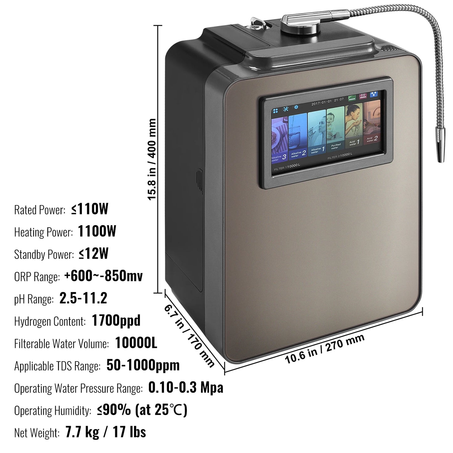 SucceBuy Alkaline Water Ionizer Machine pH 3.5-10.5 Alkaline Acidic Hydrogen Water Purifier