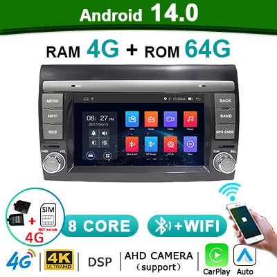 2-DIN Autoradio Fiat Bravo – Multimedia Speler – Navigatie Systeem – Bluetooth Radio – Draadloze CarPlay – Android 14 – 7 Inch Touchscreen – 8GB RAM 128GB Opslag
