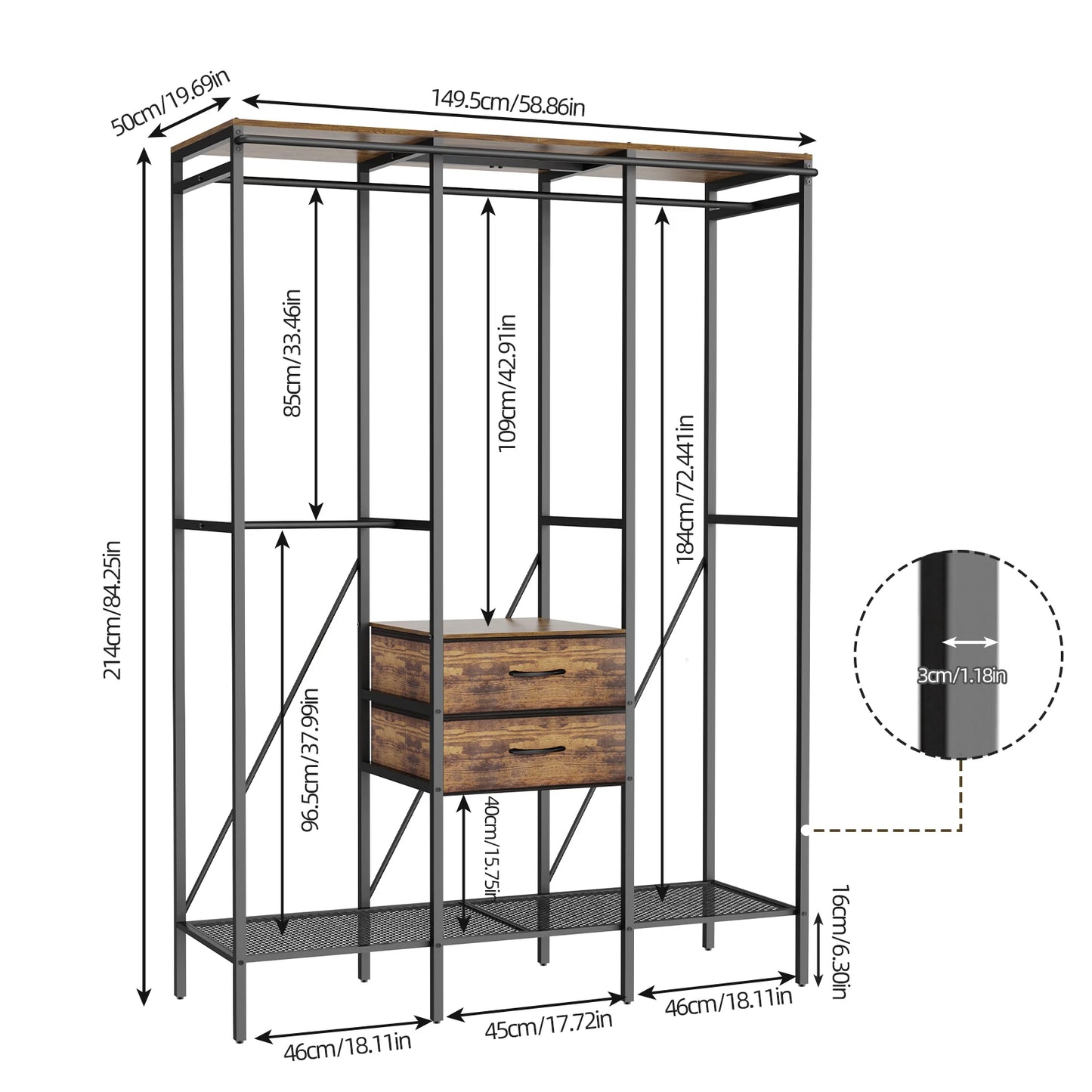 Kapstok – Kledingrek – Garderoberek – Staande Kapstok – Kledingkast – Industriëel Design – XXL Formaat – Metaal met MDF Planken