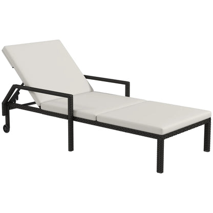 Rattan Lounger met Verstelbare Rugleuning - Handgeweven PE Rattan en Metalen Frame - Met Wielen - 5 Posities - 73x200x48 cm - Crème en Zwart