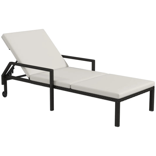 Rattan Lounger met Verstelbare Rugleuning - Handgeweven PE Rattan en Metalen Frame - Met Wielen - 5 Posities - 73x200x48 cm - Crème en Zwart
