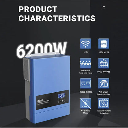 Omvormer – Zonnestroomomvormer – Solar Inverter – Zonnepaneel Omvormer – Energieomzetter – 48V - 120A Laadvermogen – Pure Sinuswave Uitgang - Geen Parallel - QUORE