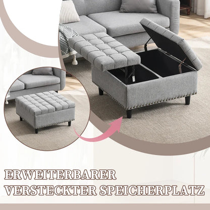 Poef met Opbergruimte – Opbergstoel – Opbergbankje – Zitkist – Opbergbox – Beige Linnen – Grote Vierkante Zitting – Stevige Houten Constructie