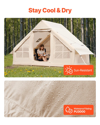 Opblaasbare Campingtent – Inflatable Tent – Snel Opzetten – Ruim – Waterafstotend Oxford-Doek – 65 m² Leefruimte – Kachelpijp Opening - QUORE