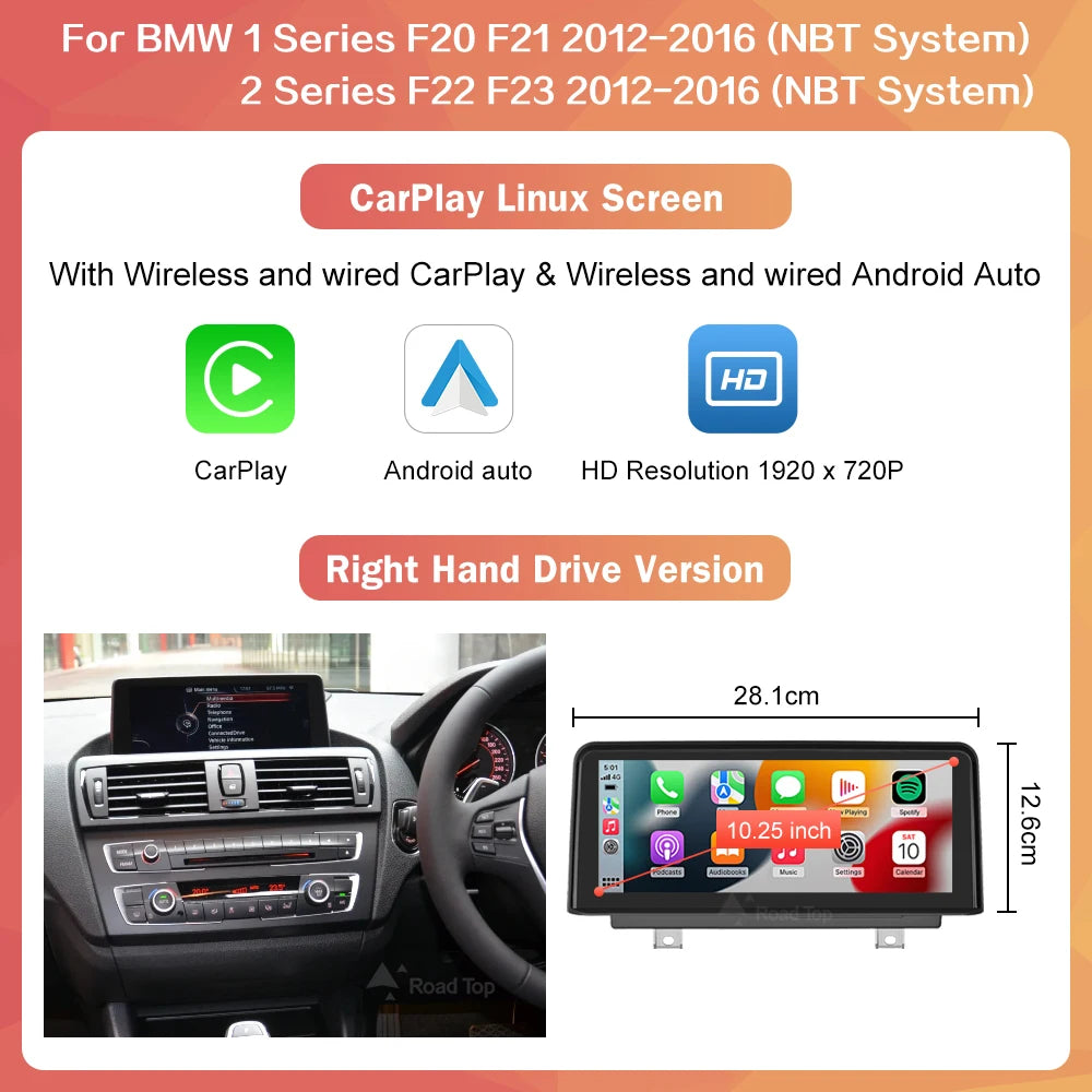 Wireless CarPlay Android Auto Car Multimedia Display For BMW 1 2 3 4 Series F20 F21 F30 F31 F32 F33 F34 F36 NBT Touch Screen