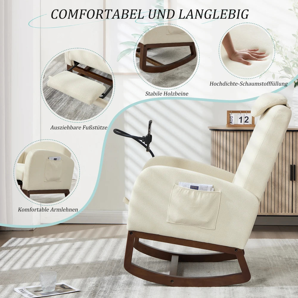 Schommelstoel – Relaxstoel – Loungestoel – Schommelzetel – Fauteuil – Beige Linnen – Verstelbare Hoofdsteun – Uittrekbare Voetensteun