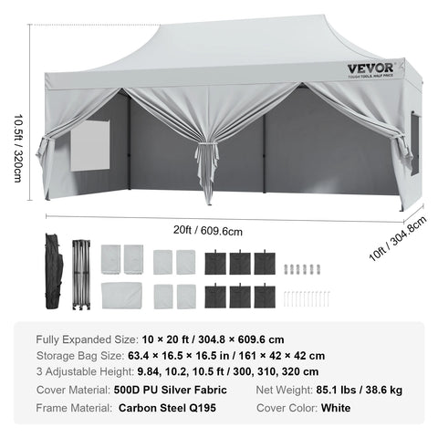 Tent - Luifel - Campingtent - Partytent - Pop-up luifel - Instant luifel - Verwisselbare zijwanden - Draagbaar - Gazebo UV-bestendig - Waterdichte tenten voor buitenevenementen Party - 10x20ft - Zilver