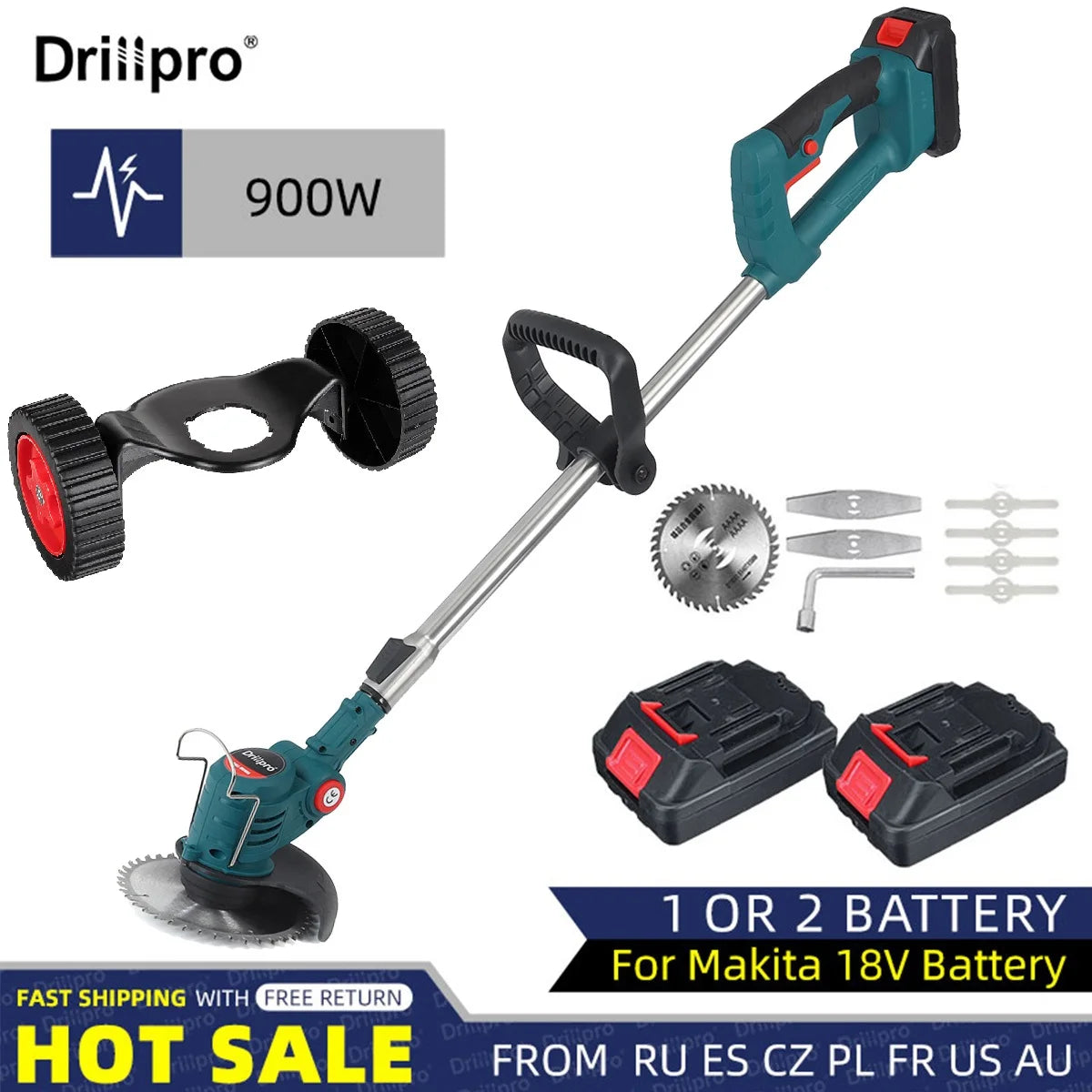 Drillpro Electric Lawn Mower 2X Li-ion Batteries Cordless Grass Trimmer Adjustable Handheld Garden Tools for Makita 18V Battery