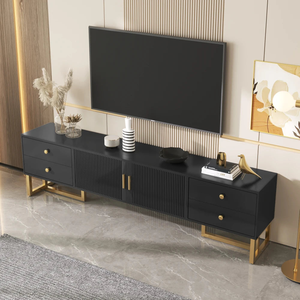 Tv-Meubel – Tv-Kast – TV-Meubel – Dressoir – Zwart Met Gouden Pootjes – Geschikt Voor Televisies Tot 79 Inch – Vier Lades En Centrale Kast - Wit