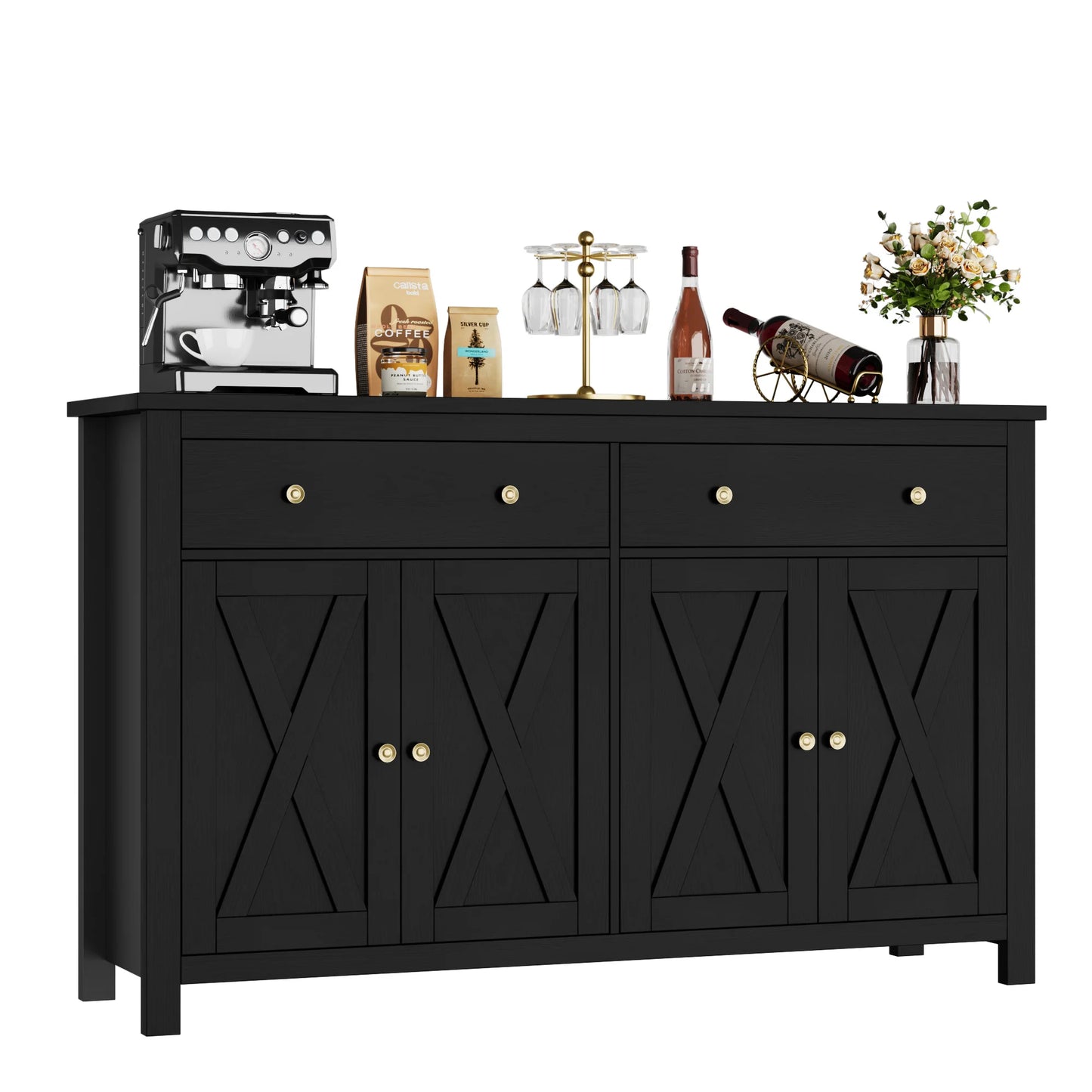 Grote Dressoirkast – Dressoir – Buffetkast – Sideboard – Opbergkast – Zwart – 140x40x89 cm – Soft-Close Deuren & Verstelbare Legplanken