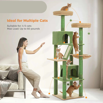 Kattenboom - Sisal Krabpalen - Kitten Krabpaal - Katten Klimmuur - Arbre a Chat - Meerdere Verdiepingen - Grote - 180cm - met Hangmat & Speeltjes - Houten Krabmeubel - voor Binnenkatten - Donkergrijs