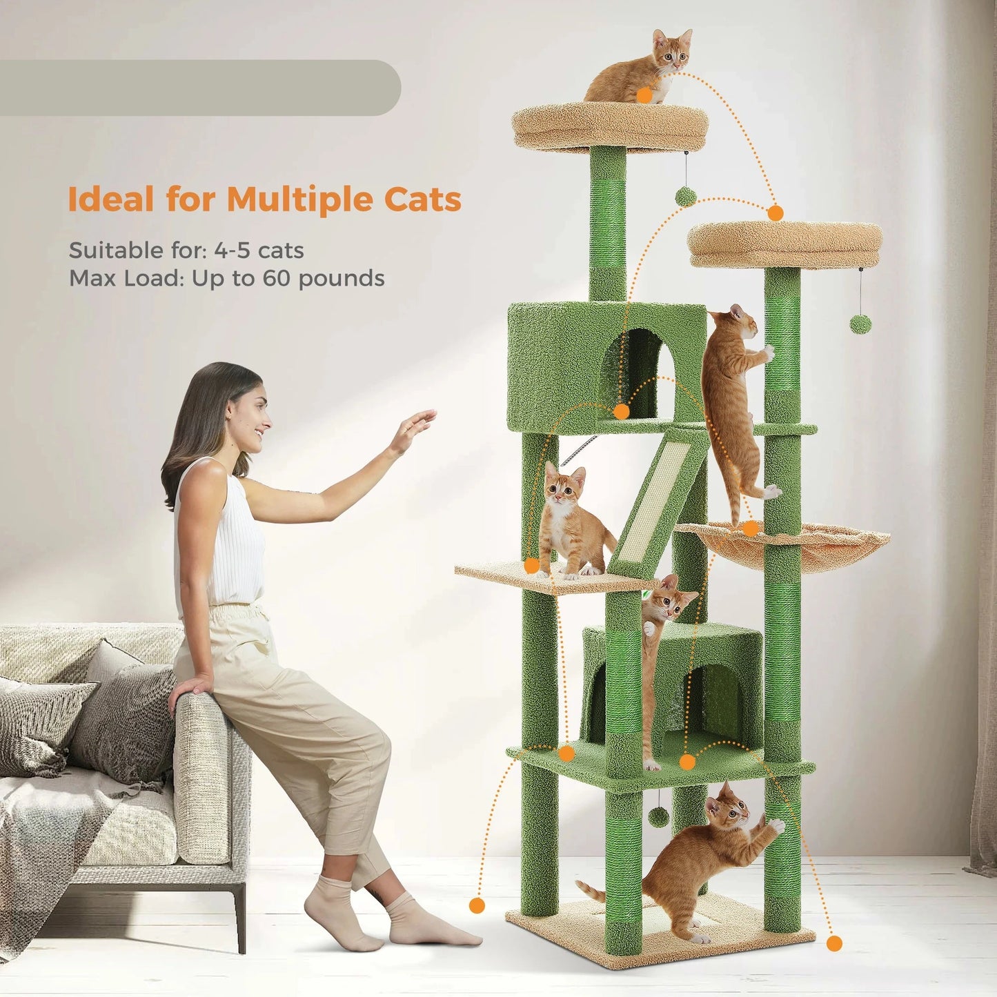Kattenboom - Sisal Krabpalen - Kitten Krabpaal - Katten Klimmuur - Arbre a Chat - Meerdere Verdiepingen - Grote - 180cm - met Hangmat & Speeltjes - Houten Krabmeubel - voor Binnenkatten - Groen
