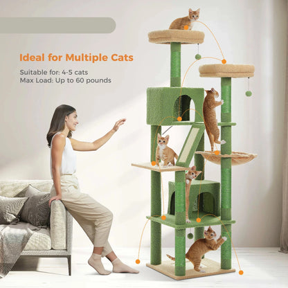 Kattenboom - Sisal Krabpalen - Kitten Krabpaal - Katten Klimmuur - Arbre a Chat - Meerdere Verdiepingen - Grote - 180cm - met Hangmat & Speeltjes - Houten Krabmeubel - voor Binnenkatten - Groen