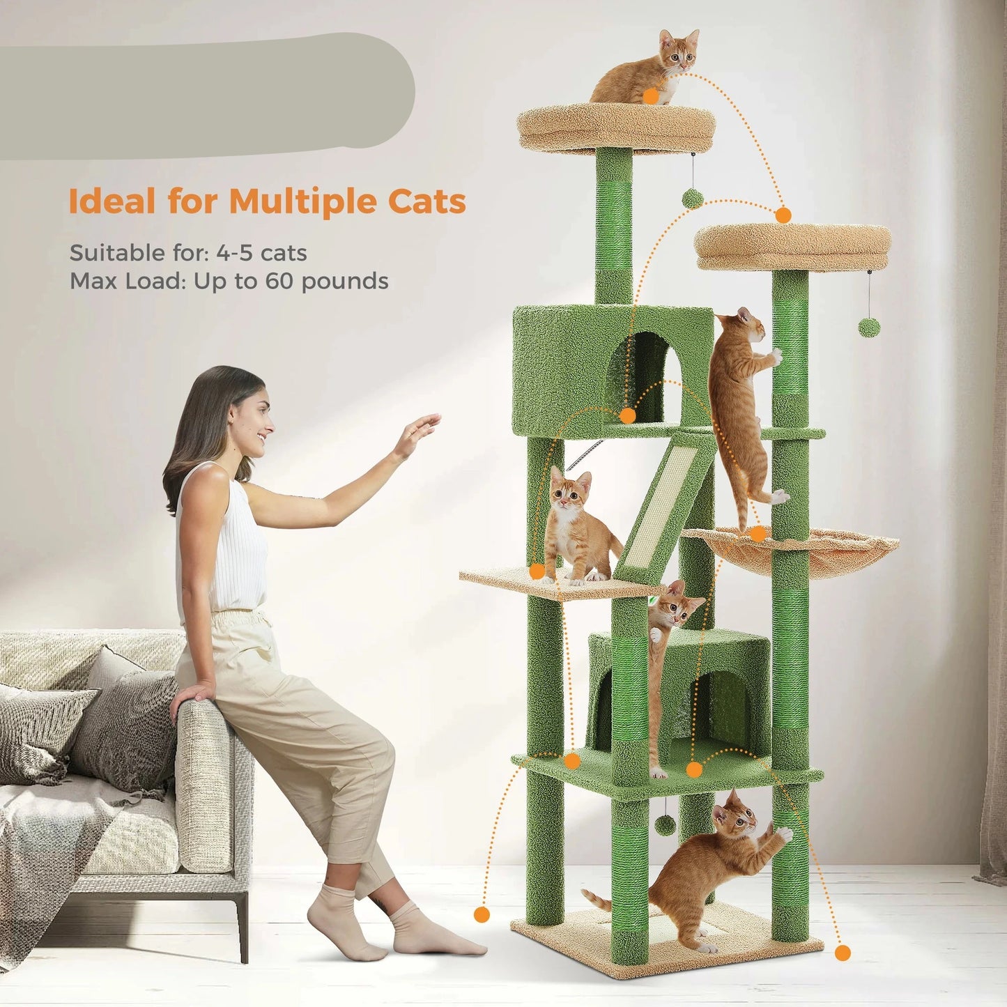 Kattenboom - Sisal Krabpalen - Kitten Krabpaal - Katten Klimmuur - Arbre a Chat - Meerdere Verdiepingen - Grote - 180cm - met Hangmat & Speeltjes - Houten Krabmeubel - voor Binnenkatten - Beige