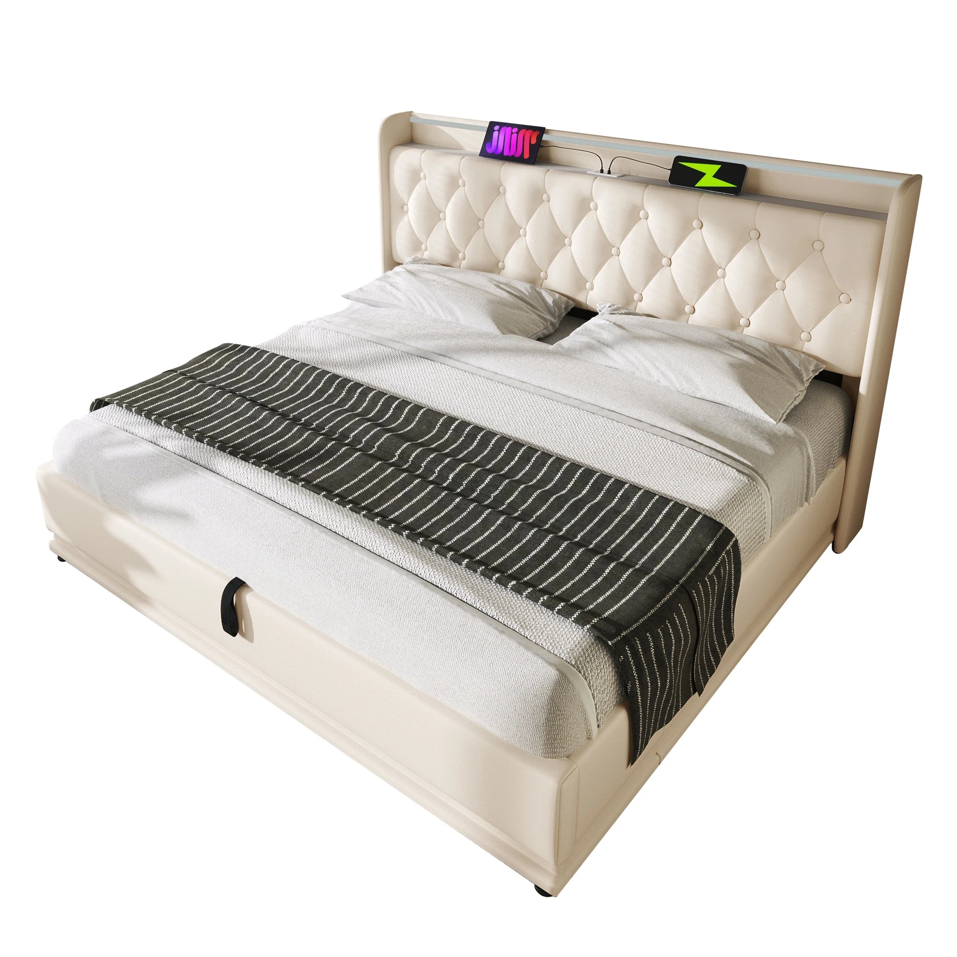 Hydraulisch Tweepersoonsbed – Opbergbed – Bed Met Opbergruimte – Gestoffeerd Bed – Houten Bedframe – 180x200 cm – Hydraulisch Opklapbaar Lattenrooster – Gestoffeerd Hoofdbord Beige - QUORE