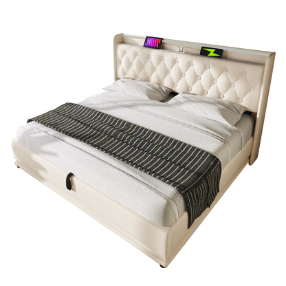 Opbergbed – Eenpersoonsbed – Gestoffeerd Bed – Slaapbank – Opbergruimte – 90x200 cm – Hydraulisch Opbergsysteem – LED Verlichting & USB Type-C - QUORE