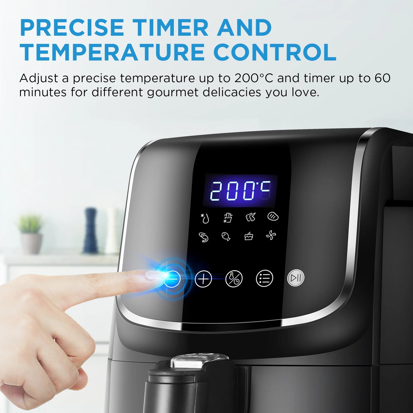 Digitale Airfryer - PFAS vrij - Groot 4 Liter - Heteluchtfriteuse - Zwart - Digital screen - 8 Voorinstellingen - Inclusief in hoogte verstelbaar Grillrack - 1500W - 35-200°C - voor Bakken, braden, grillen, ontdooien, schudalarm