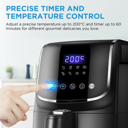 Digitale Airfryer - PFAS vrij - Groot 4 Liter - Heteluchtfriteuse - Zwart - Digital screen - 8 Voorinstellingen - Inclusief in hoogte verstelbaar Grillrack - 1500W - 35-200°C - voor Bakken, braden, grillen, ontdooien, schudalarm