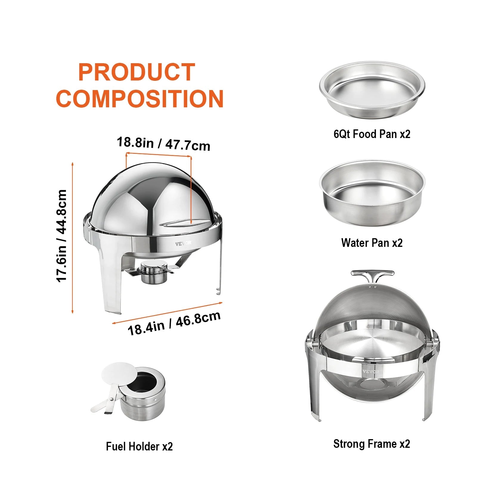 Chafing Dish - Buffetwarmer - Ronde Chafing Dish Elektrisch - Warmhoudplaat  - Warmhoudbakken  - 6QT  - Set van 2 - RVS Buffet Warmhoudbakken voor Catering - QUORE