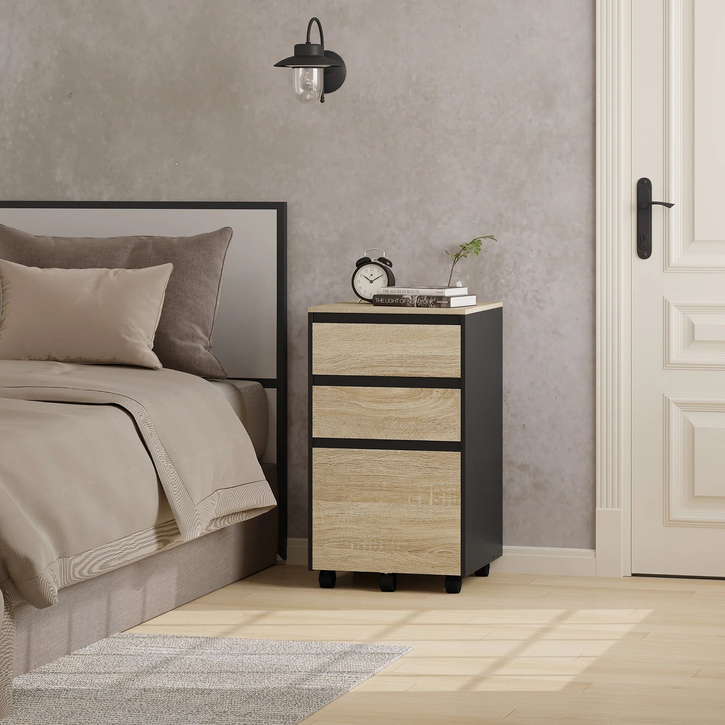 Mobiele Ladeblok - Nachtkastje - Salon - Bijzet - Kantoor - 40x70x40 cm – Houten Archiefkast – Industriële Opberg - 3 Lades - met Wielen – Thuisgebruik - Licht Eiken Zwart