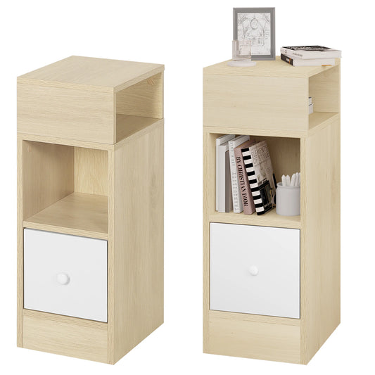 Nachtkastje - Nachtkastjes Set van 2 - Nachtkastjes Modern - 2 - Open Planken 1 Lade - 25x66x30cm - Slank Klein Opbergkastje Nachtkastje Ruimte - Licht Eiken