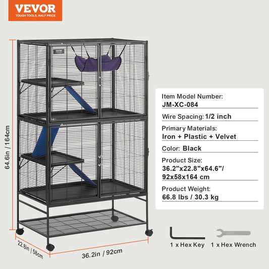 Vevor - Hamster - Hamsterkooi - Hamsterhuis - 36x24x63inch - 64.6” Rolling Metal Ferret Cage Large 4-Tier Critter Nation Cage - voor Huisdier Ratten Hamster Guinea Chinchilla - QUORE