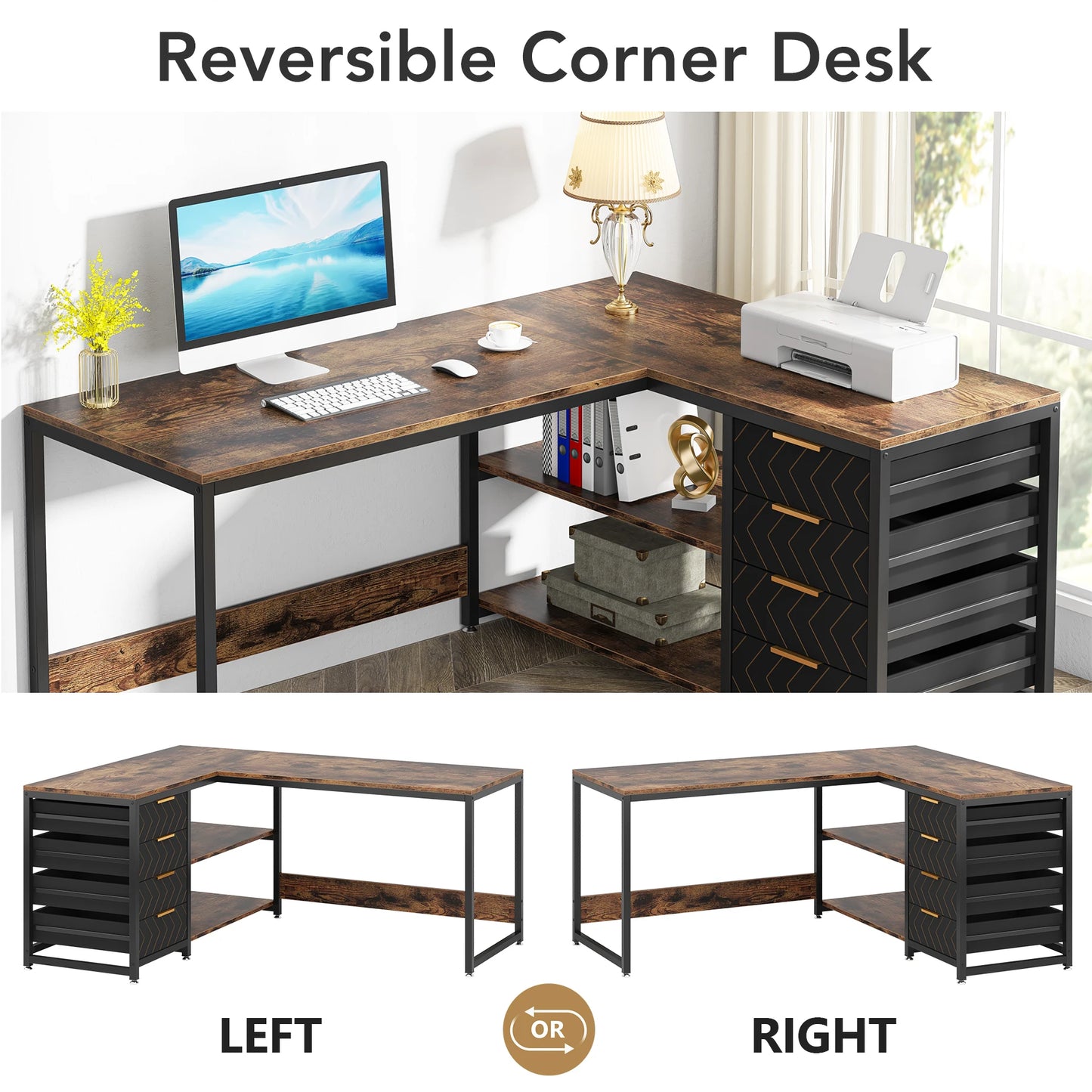Game Bureau - Bureau - Hoekbureau - Game Bureau - 59" - L-vormige Computertafel - met Opberglades - Reversibel Kantoor- & Studiobureau - met Planken - Wit - QUORE