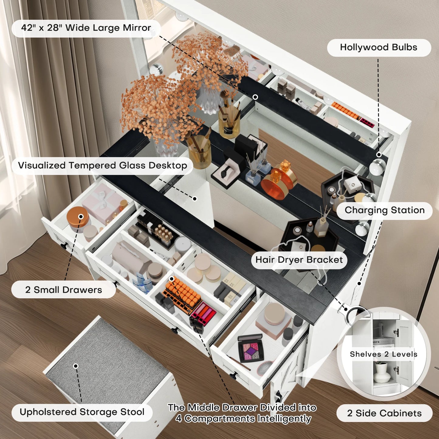 Make-Up Tafel – Make-Up Bureau – Dressing Tafel – Visagie Tafel – Verlichte Spiegel – Ruime Opbergruimte – Inclusief Comfortabele Kruk