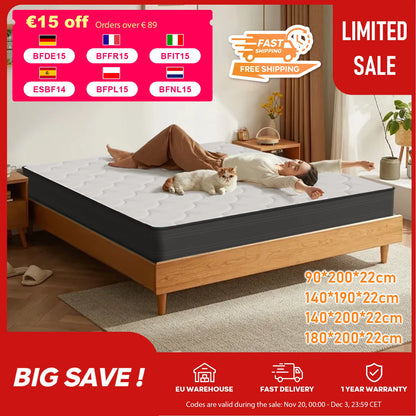 Pocket spring core mattress 22 cm - 7 zone mattress with comfort foam and stable support H4 - QUORE