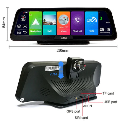 Dashcam voor Auto - 10" 4G Android 8.1 Dashcam - GPS Navigatie, Dual 1080P Camera - ADAS Rijhulp - Parkeermodus - Achteruitrijcamera - WiFi - Bluetooth - G-Sensor - Loop Recording - Zwart