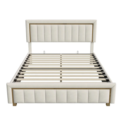 Modern Velours Bed – Boxspring Bed – Slaapbank – Stapelbed – Bedframe – Ivory – Ruime Opbergruimte Met Hydraulisch Systeem – Duurzaam Massief Houten Frame - QUORE
