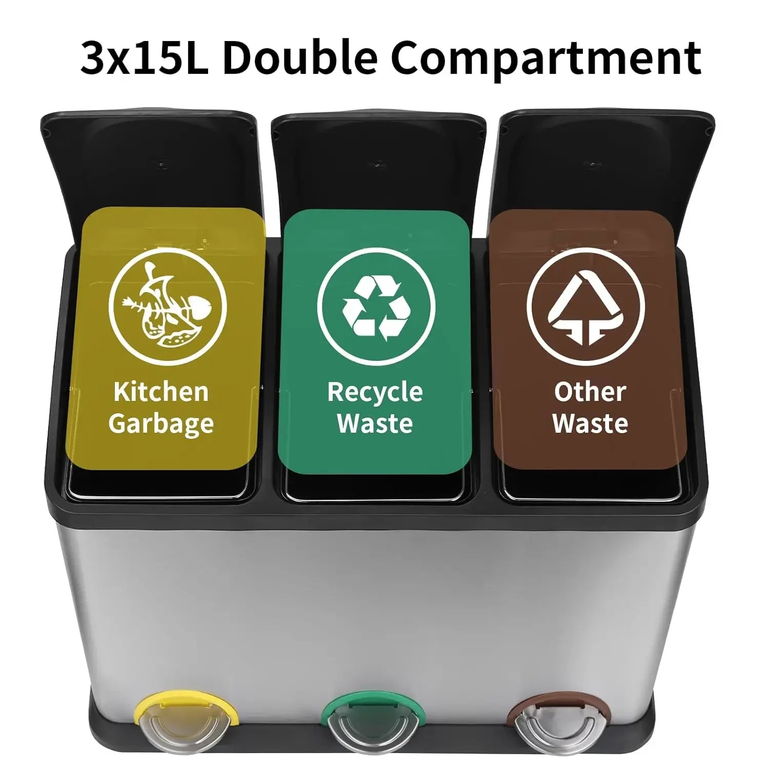 Prullenbak - Prullenbakken - 45L - Prullenmand - RVS - Prullenbak met 3 Compartimenten – Hygiënisch, Luchtdicht & Praktisch - Zilver/Zwart - QUORE
