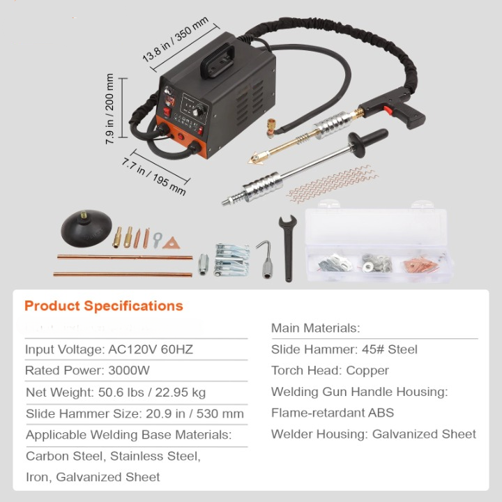 Lasdeuktrekker - Stiftlasmachine Deukreparatieset - Puntlasser - Machinelasaccessoires - Voor Auto's & Vrachtwagens - 3000W - AC 120W - 60Hz - Zwart - QUORE