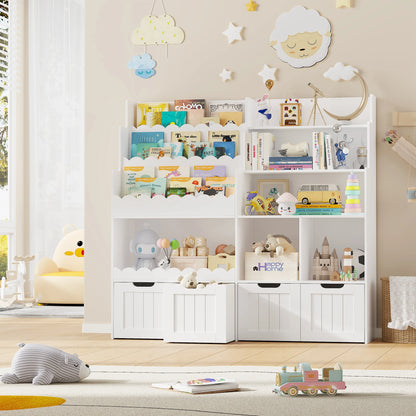 Kinderboekenplank – Speelgoedkast – Opbergmeubel – Boekenkast – Kinderkamermobiel – Wit – Met 4 Lades op Wieltjes – Hoogwaardig Hout – Afmetingen 125,5x40x120 cm