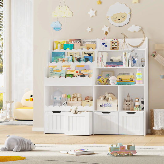 Kinderboekenplank – Speelgoedkast – Opbergmeubel – Boekenkast – Kinderkamermobiel – Wit – Met 4 Lades op Wieltjes – Hoogwaardig Hout – Afmetingen 125,5x40x120 cm