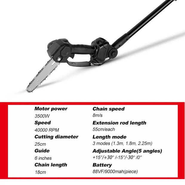 Elektrische stokzaag - 6 inch - 40000 RPM -  18V Batterij - 3500W - UniversalHedgePole - Heggenschaar op steel - Zwart - QUORE