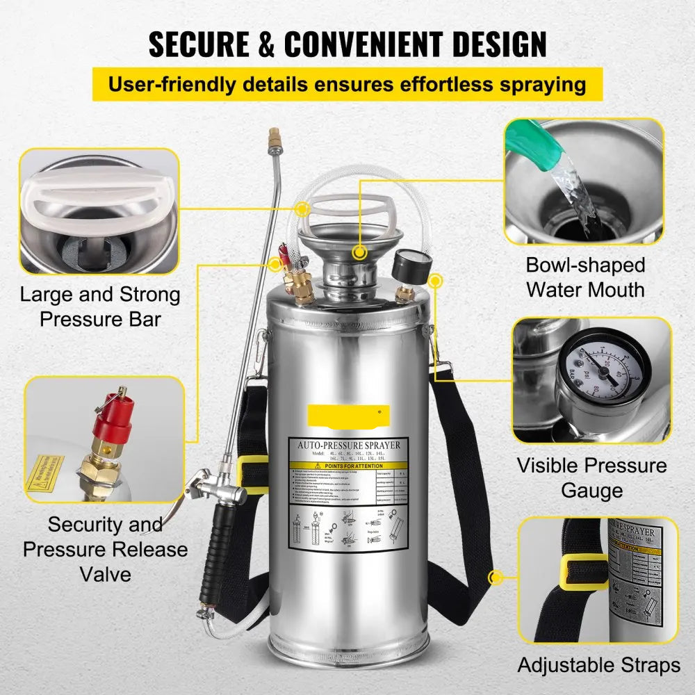 RVS Tuinsproeier - Rugspuit - Onkruidsproeier - Sproeier - Drukspuit - 10L - Handpomp - Verstelbare Messing Nozzle - voor Tuin - Reiniging - Desinfectie