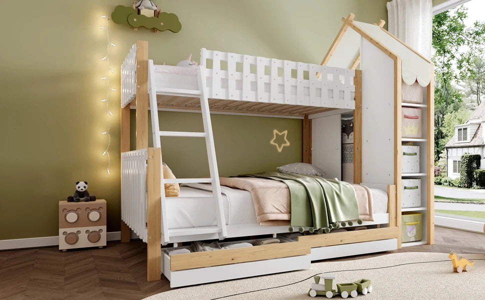 Stapelbed – Hoogslaper – Bedbank – Kinderbed – Twijfelaar – 90x200 cm – Ingebouwd Bureau en Nachtkastje Met Stopcontact & USB – 2 Laden Zonder Matras