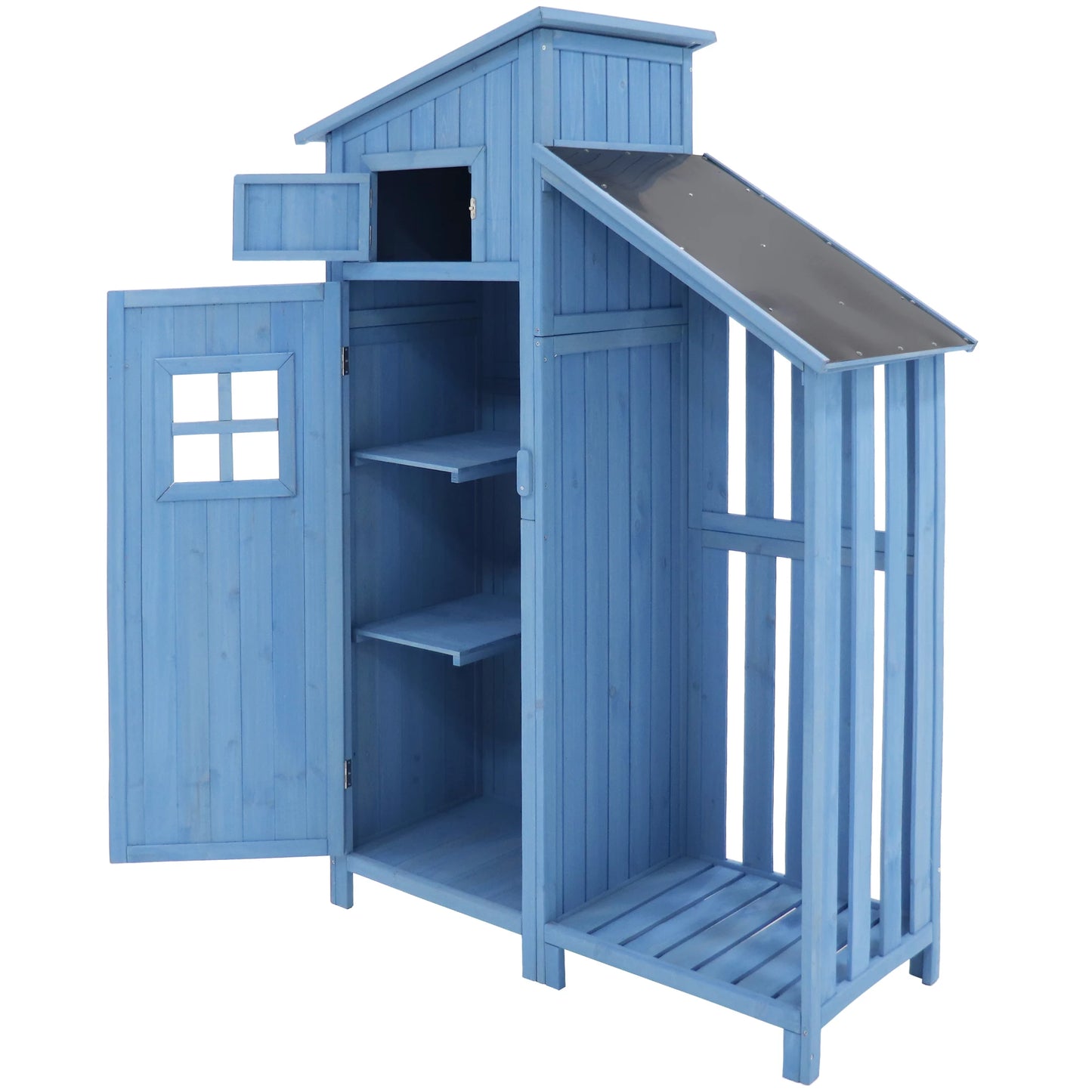 Houten Tuinkast - Buitenkast - Gereedschapsschuur - Gereedschapskast - Gereedschapshuisje - met Schappen - Waterdicht Tuinhuisje - 124x46x174 cm - Voor Balkon - Tuin - en Terras - Blauw