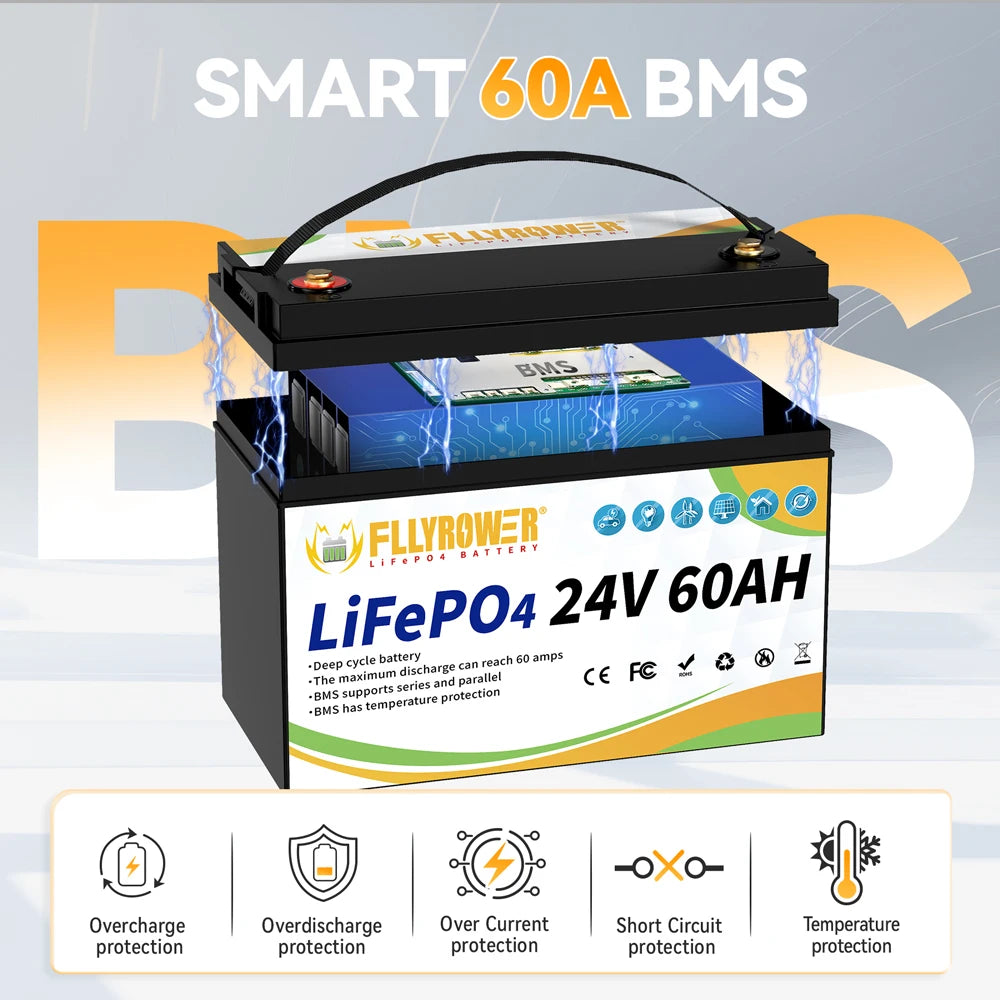 FLLYROWER 24V 60AH LiFePO4 Battery Pack With 60A BMS 8000+ Cycles For RV Campers Off-Road Off-grid Solar Wind Lithium Battery