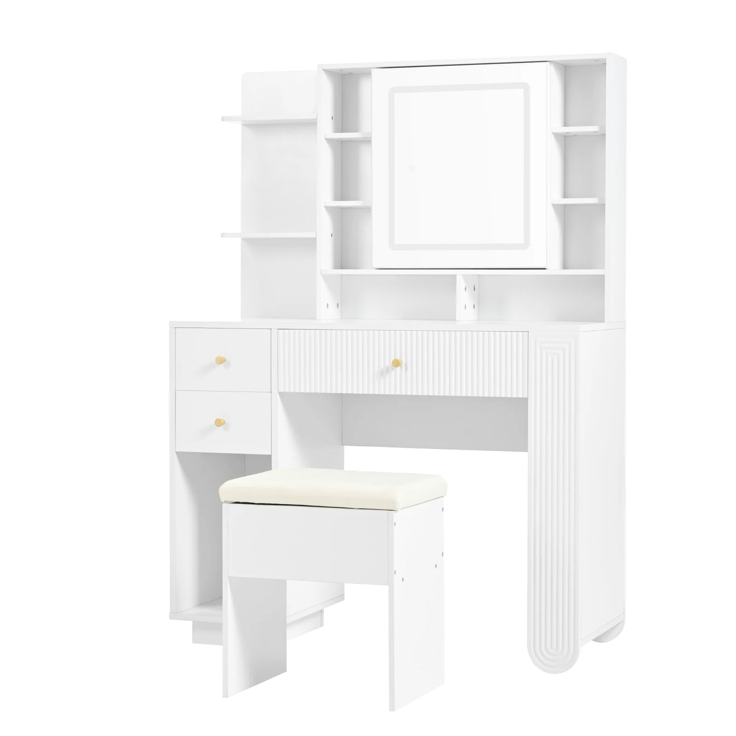 Kaptafel – Make-Uptafel – Cosmeticatafel – Make-Up Meubel – Witte Houtlook – 3-Kleurige Led-Verlichting – Inclusief Kruk