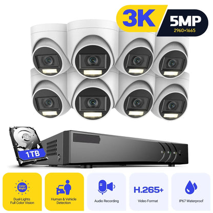 Beveiligingscamerasysteem - Camerabewaking - Beveiligingscamera - 8 Kanaals - 5-in-1 - 8 Camera's - Nachtzicht & Audio - via Coaxiale Kabel - Thuisbewaking Systeem - voor Binnen en Buiten - Ingebouwde HDD: 1T