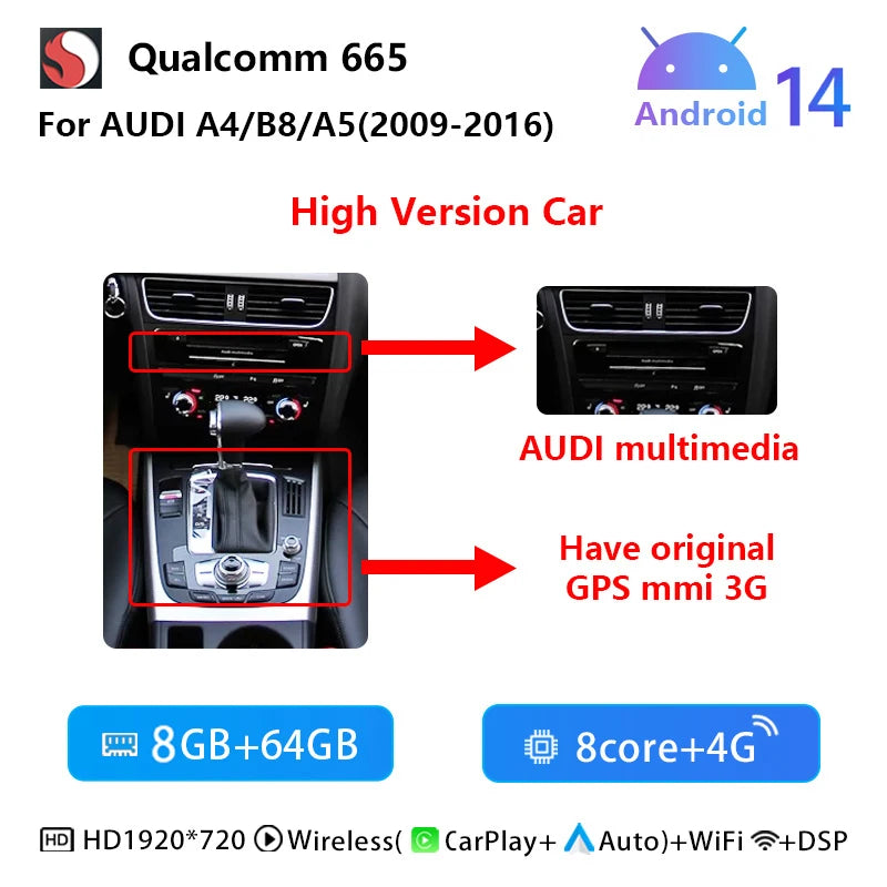 10.25"Snapdragon 665 Android 14 Wireless Carplay AutoRadio For Audi A4 B8 A5 2009-2017 Multimedia GPS Navi Stereo WIFI Screen - QUORE