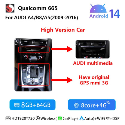 10.25"Snapdragon 665 Android 14 Wireless Carplay AutoRadio For Audi A4 B8 A5 2009-2017 Multimedia GPS Navi Stereo WIFI Screen - QUORE