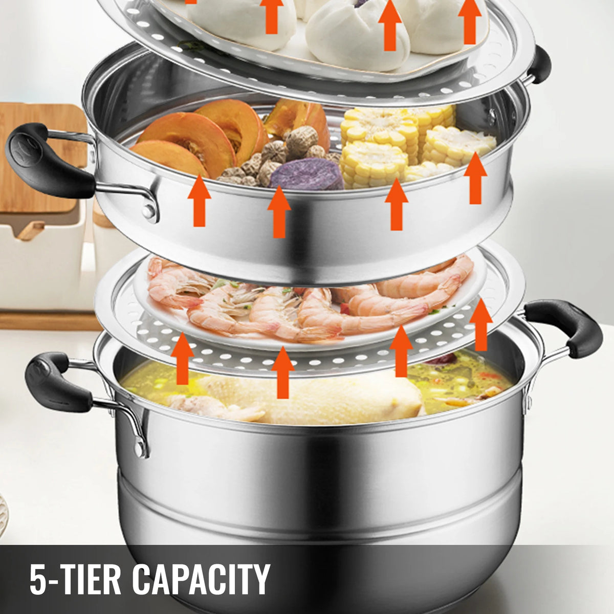 Steamer Pot - Food Steamer - Pot with Lid - 5 Layers - 28CM - Stainless Steel Steamer - For Cooking Food Steamer Set - Suitable for Gas and Electric Grill Stoves - Silver